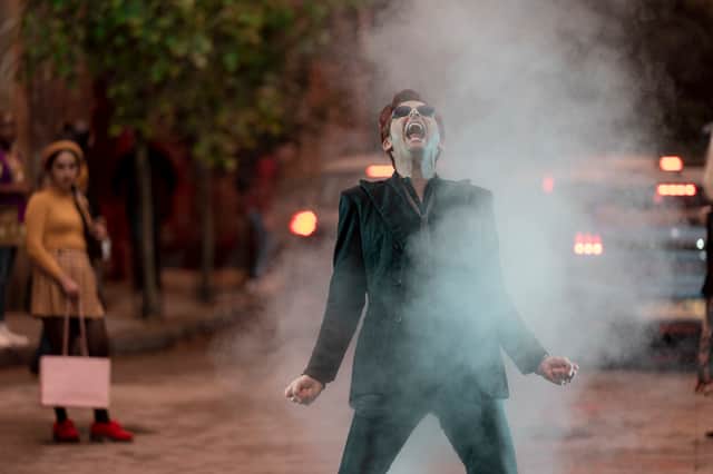 David Tennant as Crowley on the Soho set. Image: Prime Video
