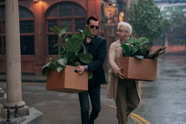 David Tennant and Michael Sheen in Good Omens. Image: Cian Oba-Smith/Prime Video