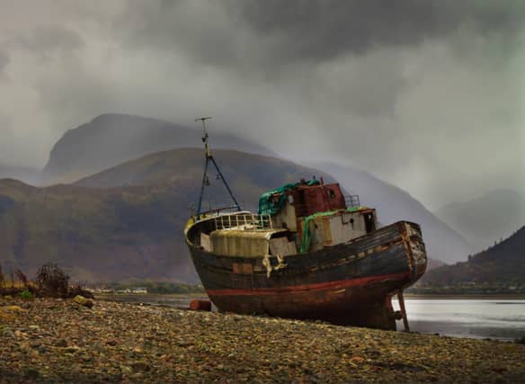 The Corpach Shipwreck is a rusty old fishing vessel which now lies abandoned by the shores of Loch Linnhe close to Fort William.