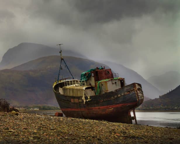 The Corpach Shipwreck is a rusty old fishing vessel which now lies abandoned by the shores of Loch Linnhe close to Fort William. 