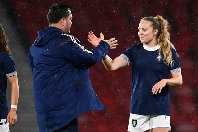 Scotland boss Pedro Martinez Losa with forward Fiona Brown. Cr. SNS Group