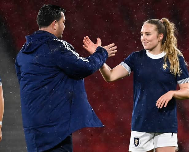 Scotland boss Pedro Martinez Losa with forward Fiona Brown. Cr. SNS Group