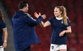 Scotland boss Pedro Martinez Losa with forward Fiona Brown. Cr. SNS Group