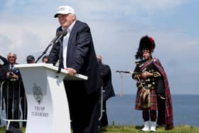 Donald Trump speaks at his revamped Trump Turnberry golf course in South Ayrshire in 2016.