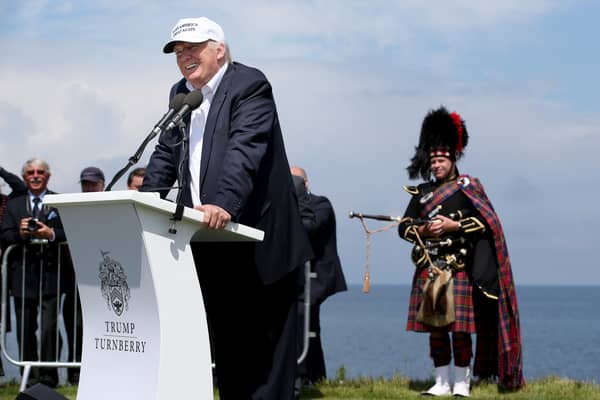 Donald Trump speaks at his revamped Trump Turnberry golf course in South Ayrshire in 2016.