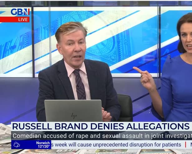 GB News presenters Andrew Pierce and Beverley Turner clashed over Russell Brand Picture: GB News