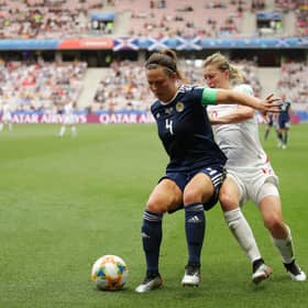 Rachel Corsie of Scotland battles for possession with Ellen White of England during the 2019 FIFA Women’s World Cup.(Photo by Richard Heathcote/Getty Images)