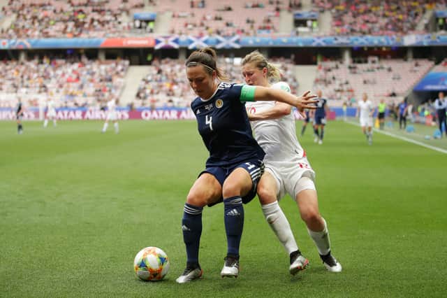 Rachel Corsie of Scotland battles for possession with Ellen White of England during the 2019 FIFA Women’s World Cup.(Photo by Richard Heathcote/Getty Images)