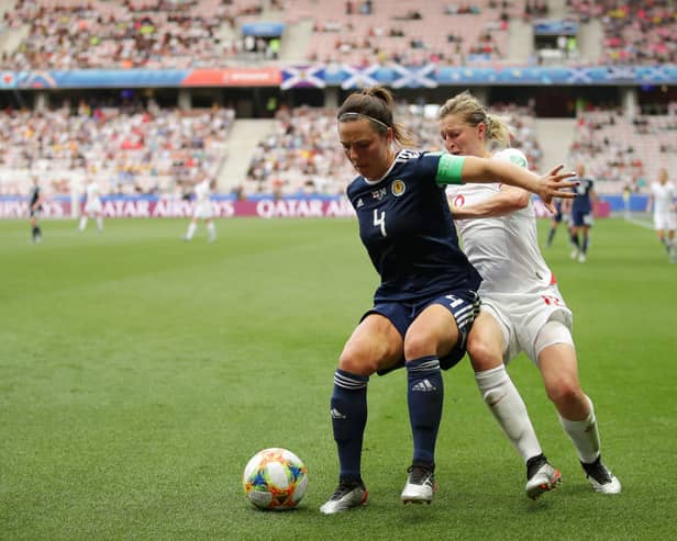 Rachel Corsie of Scotland battles for possession with Ellen White of England during the 2019 FIFA Women’s World Cup.(Photo by Richard Heathcote/Getty Images)