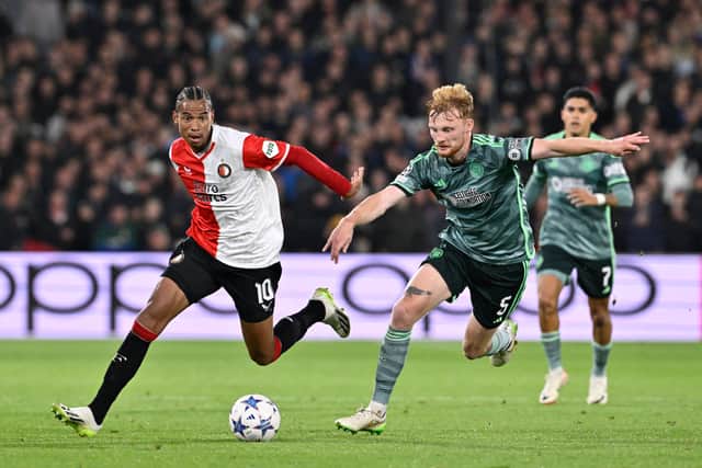 Feyenoord winger Calvin Stengs in action against Celtic in the Champions League in 2023.