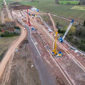 An aerial view of the groundworks construction of the HS2 high speed rail network progresses around the A38 dual-carriageway near Streethay on January 27, 2023 in Lichfield (Photo by Christopher Furlong/Getty Images)