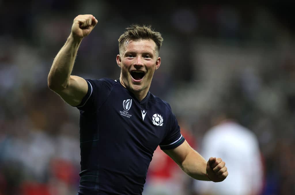 George Horne of Scotland celebrates victory during the Rugby World Cup France 2023 group B match between Scotland and Tonga at Stade de Nice on September 24, 2023 in Nice, France. (Photo by David Rogers/Getty Images)