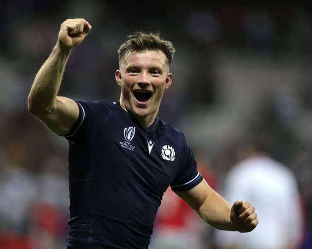 George Horne of Scotland celebrates victory during the Rugby World Cup France 2023 group B match between Scotland and Tonga at Stade de Nice on September 24, 2023 in Nice, France. (Photo by David Rogers/Getty Images)