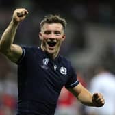 George Horne of Scotland celebrates victory during the Rugby World Cup France 2023 group B match between Scotland and Tonga at Stade de Nice on September 24, 2023 in Nice, France. (Photo by David Rogers/Getty Images)