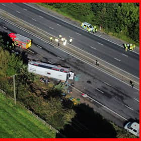 Emergency services at the scene of a coach crash on the M53 motorway, between junction 5 at Ellesmere Port and junction 4 at Bebbington. 