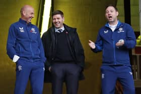 Former Rangers managers Steven Gerrard (centre) and Michael Beale (right). Cr. Getty Images