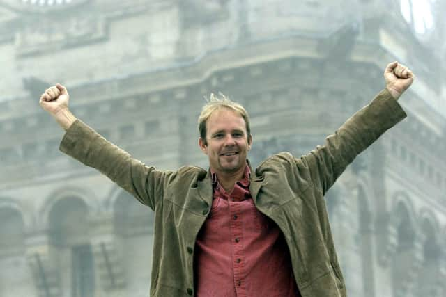 “Jason Connery, son of James Bond actor Sean Connery, in front of the clocktower at the Balmoral Hotel in Edinburgh...” (2004) 