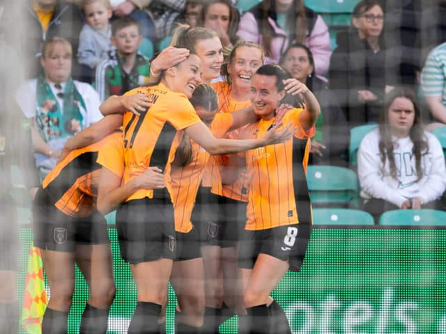 Glasgow City celebrate Lauren Davidson's goal at Celtic Park last season. Cr: SNS Group