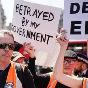 Dale Vince joins Just Stop Oil activists during a protest by the environmental campaigners in central London. Picture Date: Thursday June 8, 2023. Credit: Aaron Chown/PA Wire