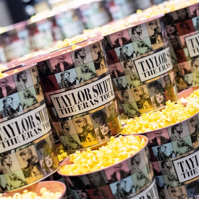 Popcorn buckets are pictured during the "Taylor Swift: The Eras Tour" concert movie world premiere. Image: Getty