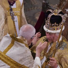 King Charles III during his coronation ceremony in Westminster Abbey.
