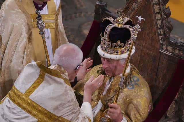 King Charles III during his coronation ceremony in Westminster Abbey.