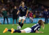 Scotland's Lisa Evans won her 100th cap last night in the 4-0 defeat to Netherlands. Cr. Getty Images