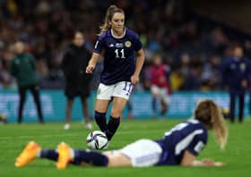 Scotland's Lisa Evans won her 100th cap last night in the 4-0 defeat to Netherlands. Cr. Getty Images