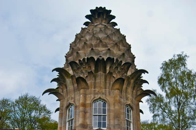 Visit Falkirk explains: “Built for the 4th Earl of Dunmore, classical and orthodox at ground level, conventional architraves put out shoots and end as prickly leaves of stone.” 