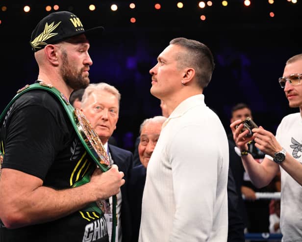 Tyson Fury and Oleksandr Usyk face off after the Heavyweight fight between Fury and Francis Ngannou.