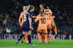 Netherlands celebrate their winning goal against Scotland at Hampden Park last night. Cr. Getty Images