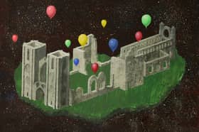 The artwork for Pink Mario's single Elgin Cathedral. 
