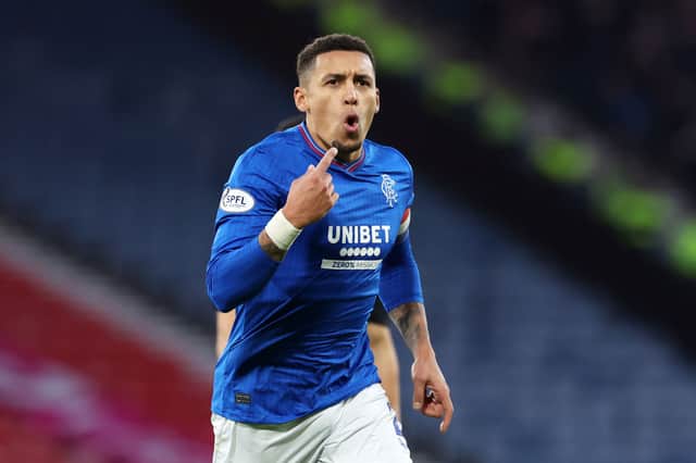 James Tavernier celebrates his 111th Rangers goal against Hearts in the Viaplay Cup semi-final at Hampden Park. Cr. Getty Images