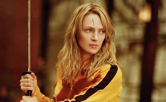 Uma Thurman plays The Bride in Quentin Tarantino's Kill Bill Volumes One and Two.