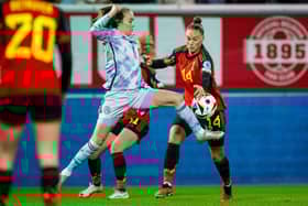 Fiona Brown battles for the ball against Belgium. Cr. Getty Images.