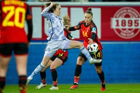 Fiona Brown battles for the ball against Belgium. Cr. Getty Images.