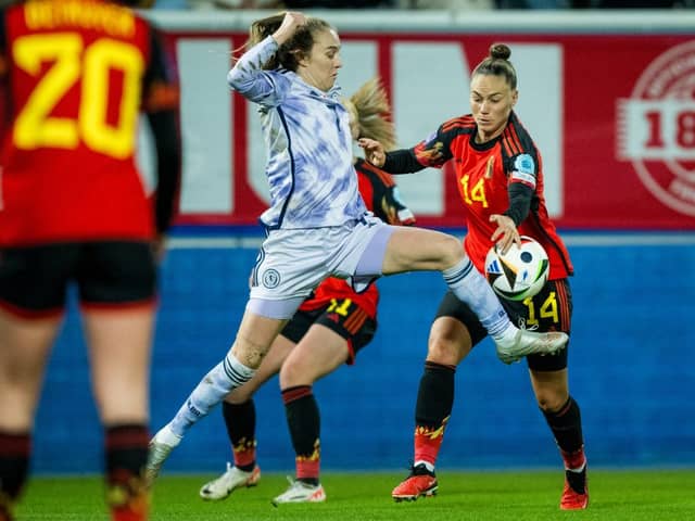 Fiona Brown battles for the ball against Belgium. Cr. Getty Images.