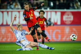 Nicola Docherty made her 50th international appearance for Scotland in the 1-1 draw with Belgium. Cr. Getty Images