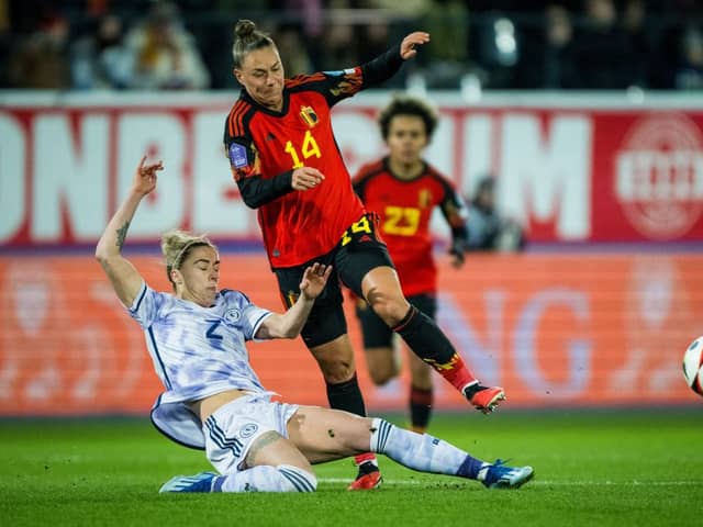 Nicola Docherty made her 50th international appearance for Scotland in the 1-1 draw with Belgium. Cr. Getty Images