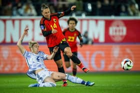 Nicola Docherty made her 50th international appearance for Scotland in the 1-1 draw with Belgium. Cr. Getty Images