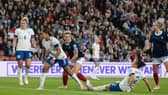 Kirsty Hanson celebrates scoring for Scotland against England in September. Cr. SNS Group