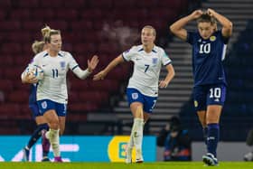 A dejected Kirsty Hanson turns away after Beth Mead put England 4-0 ahead in the first half. Cr. SNS Group.