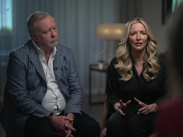 Michelle Mone and her husband, Doug Barrowman, appearing on the BBC One current affairs programme, Sunday with Laura Kuenssberg
