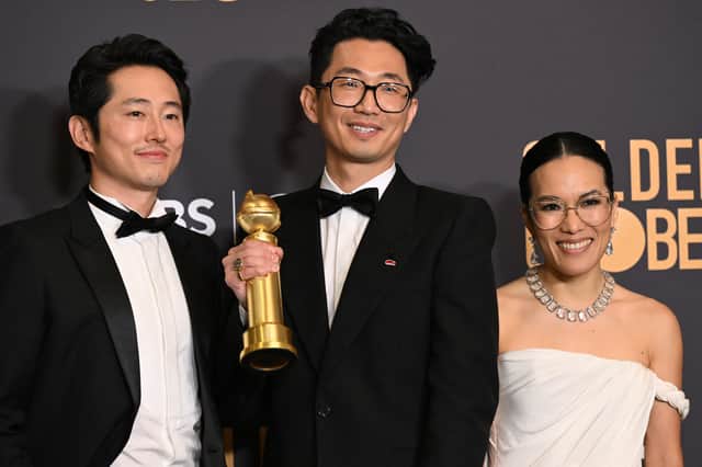 US actor Steven Yeun, South Korean writer Lee Sung Jin and US actress Ali Wong, winners of the Best Performances in a Limited Series, Anthology Series, or Motion Picture Made for Television and Limited Series, Anthology Series, or Motion Picture Made for Television award for "Beef" pose in the press room during the 81st annual Golden Globe Awards. Picture: Robyn Beck/Getty Images