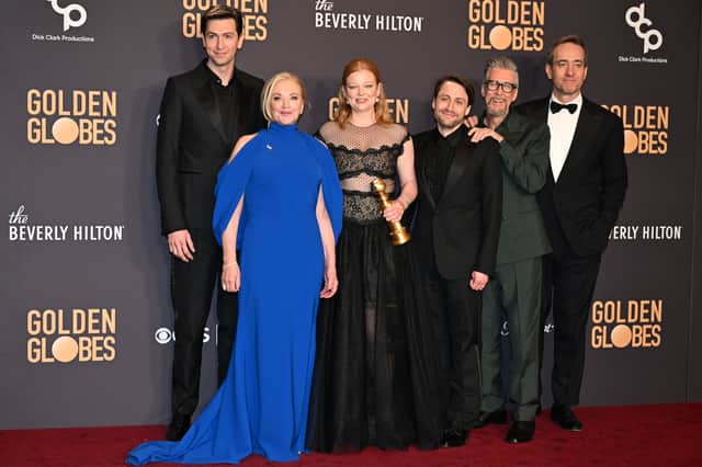 US actor Nicholas Braun, US actress J. Smith-Cameron, Australian actress Sarah Snook, US actor Kieran Culkin, US actor Alan Ruck and British actor Matthew Macfayden pose in the press room with the award for Best Television Series - Drama for "Succession" during the 81st annual Golden Globe Awards. Picture: Robyn Beck/Getty Images