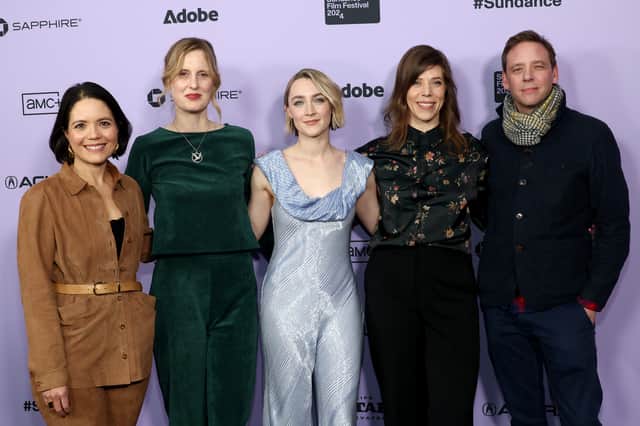 From left, Sarah Brocklehurst, Amy Liptrot, Saoirse Ronan, Nora Fingscheidt, and Dominic Norris attend "The Outrun" premiere during the 2024 Sundance Film Festival. Image: Getty