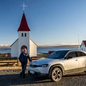 Jim McGill with the MX-30 R-EV in Iceland. Credit: David Smith