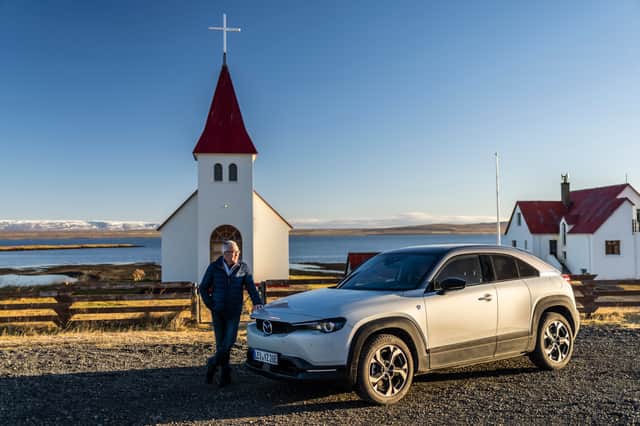 Jim McGill with the MX-30 R-EV in Iceland. Credit: David Smith