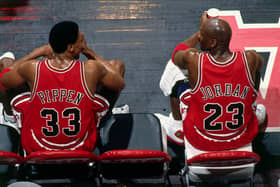 Scottie Pippen and Michael Jordan of the legendary Chicago Bulls. Cr. Netflix.