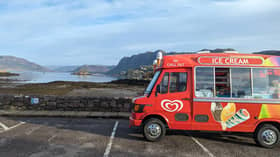 Ice cream van owned by Scotsman Andrew Feeney who has received a "fantastic" response to his ice cream van selling groceries to locals on the Isle of Skye and has raised enough money to repair it after the van was damaged during Storm Isha